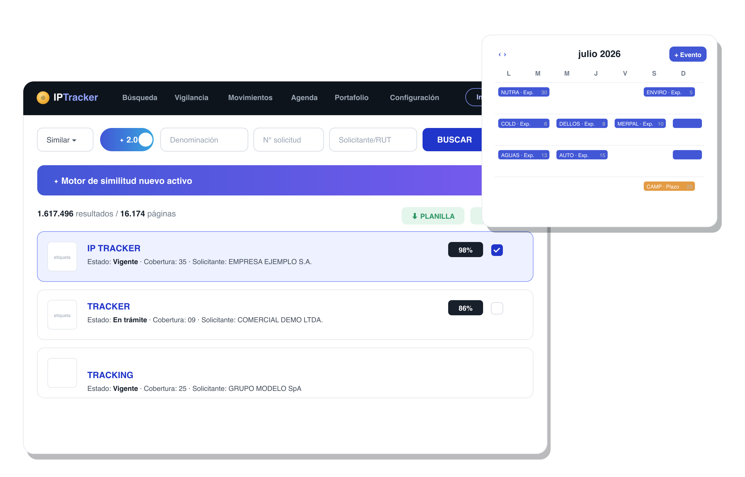 IP Tracker · buscador, motor de similitud y agenda